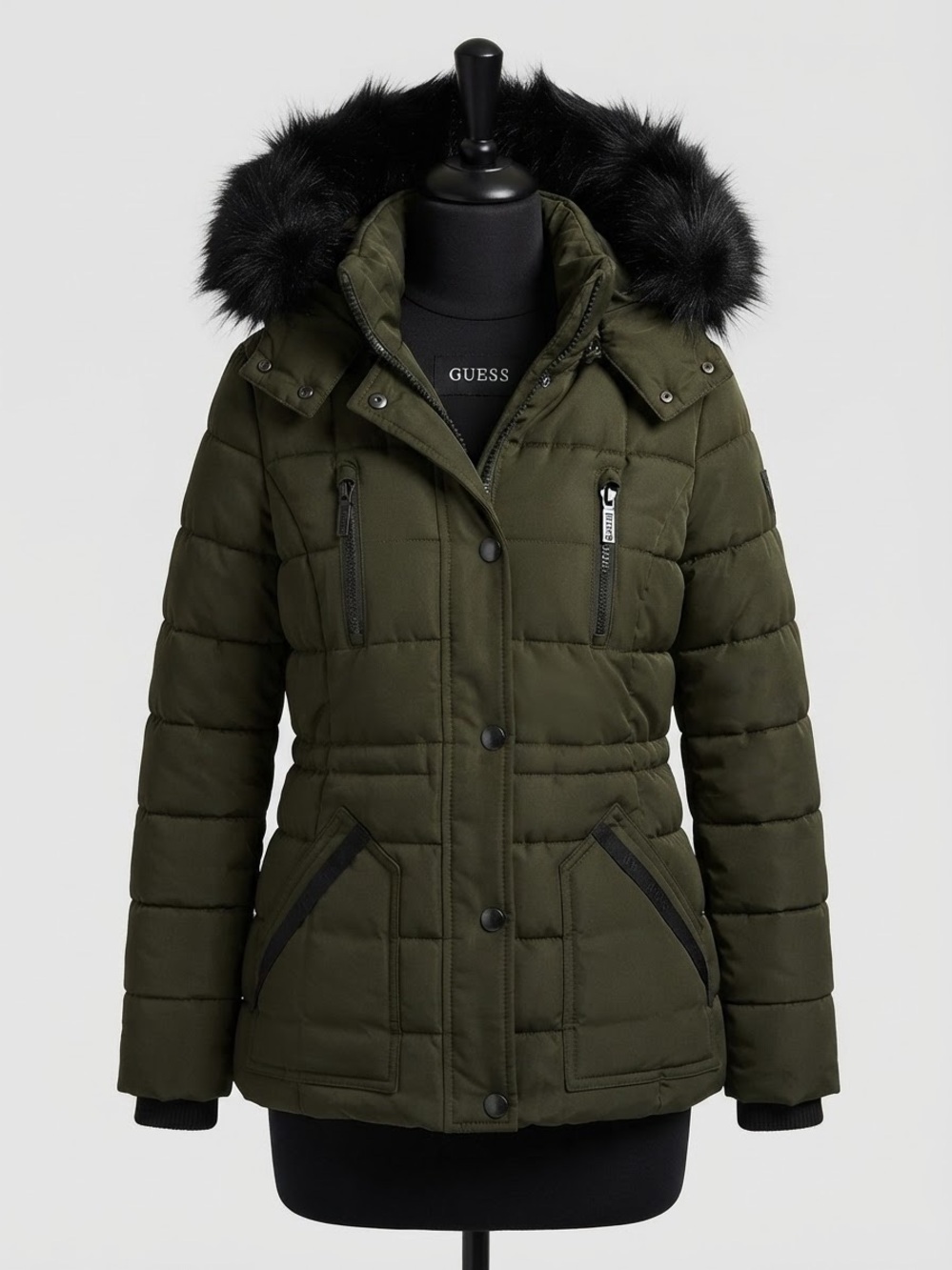 Pristine GUESS Olive Green Quilted Puffer Jacket with Black Faux Fur Hood